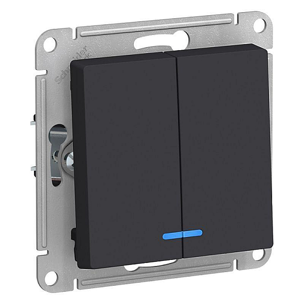 Выключатель двухклавишный Systeme Electric AtlasDesign 10A 250V с подсветкой карбон ATN001053