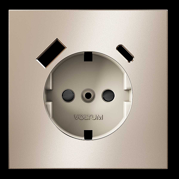 Накладка для розетки с заземлением и защитными шторками, с USB A+C, S70 Metal (платина) Voltum VLSM001010