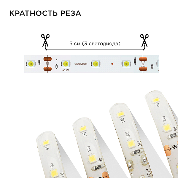 Светодиодная влагозащищенная лента Apeyron 4,8W/m 60LED/m 5050SMD теплый белый 5M 10-27