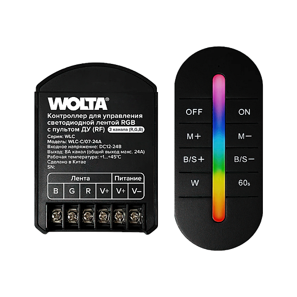 Контроллер 3-канальный для светодиодной ленты RGB 12-24В, 24А с пультом RF WOLTA WLC-C/07-24A
