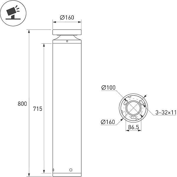 Ландшафтный светильник Arlight LGD-OTIS-20W-H800 Warm3500-MIX (Вишня, 315 deg, 230V) (IP65 Металл) 055762