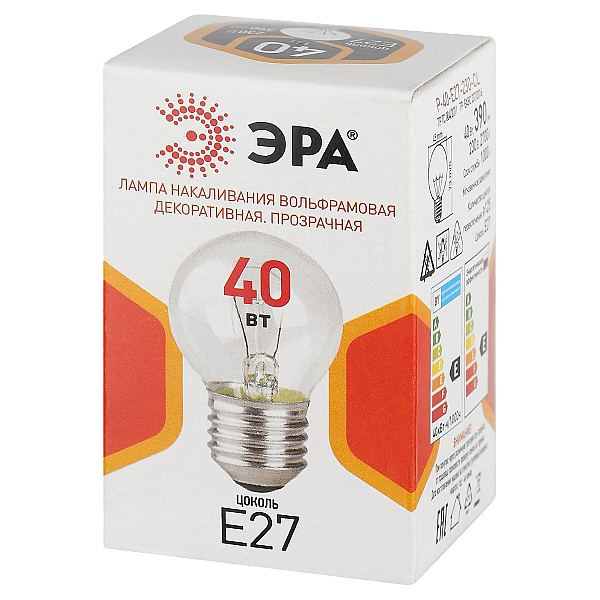 Лампа накаливания Эра P-40-E27-230-CL шар Б0066568