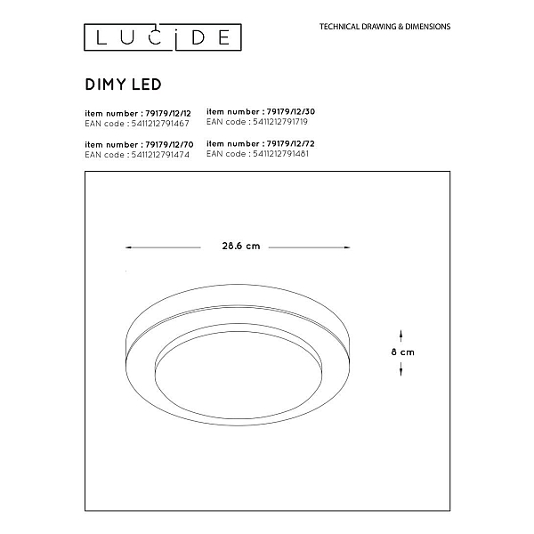 Потолочный светодиодный светильник Lucide Dimy 79179/12/30