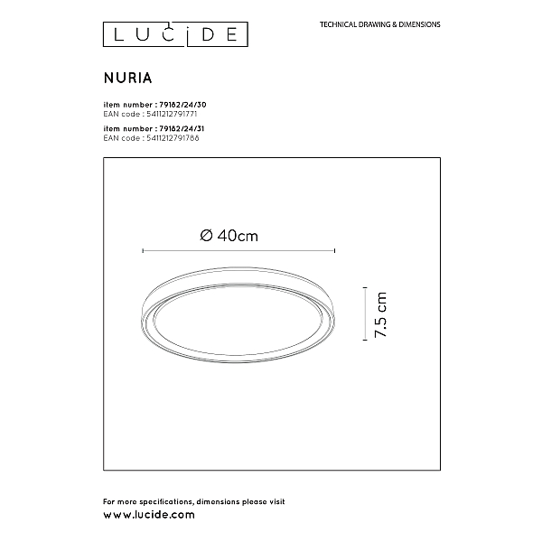 Потолочный светодиодный светильник Lucide Nuria 79182/24/30