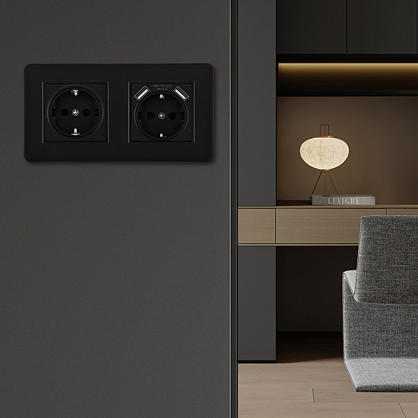 Розетка двойная (двухпостовая) с/з и шторками + USB Arte Milano SET16-2-47-1-40-1 black