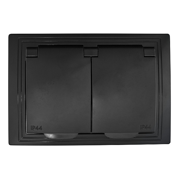 Розетка 2П+З двойная с защ. шт. и крышкой скрытой установки 16А 250В IP44, черная (керамика) 'Дельта 477324