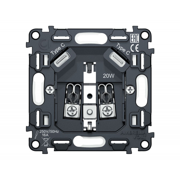 Механизм электрической розетки 2USB С+C 20W (быстрая зарядка) с/з на винтовых зажимах 16A-250V QUANT Ambrella Volt VM165