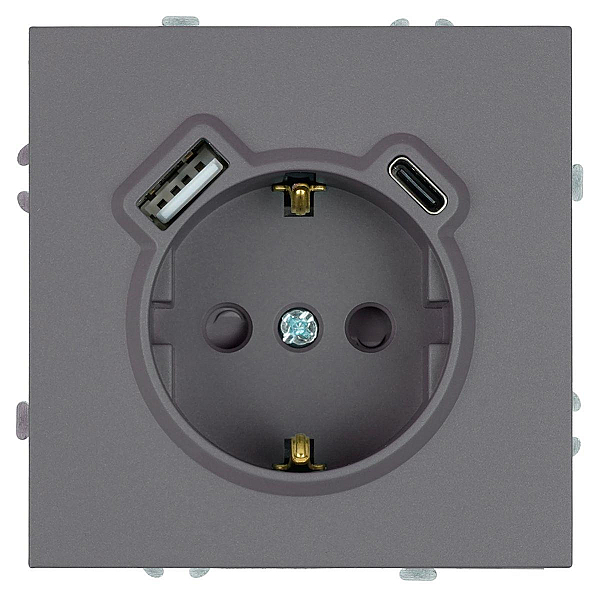 Розетка 1-местная з/ш с/з 16А + USB + Type C (механизм), Stekker, 250В, 20W Эмили, платиново-серый, soft-touch, RST16-5119-10 50219