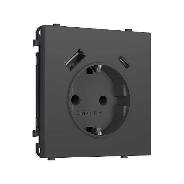 Комплект механизма электрической розетки SIGMA Графит Мягкое касание 2USB A+C 20W Ambrella Volt MS910010 (SP9100, PR160)