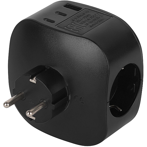Разветвитель электрический ЭРА SP-3e-3USBAC-B на 3 розетки + 3 USB A+C с заземлением со шторками 16А черный Б0069082