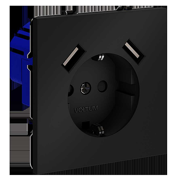 Розетка встраиваемая Voltum S70 с заземлением и защитными шторками, 16А, с USB, A+A, (черный матовый VLS040408