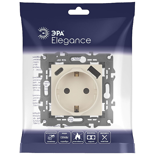 Розетка со шторками с USB type-A+C Эра Elegance 14-4108-02 Б0067725