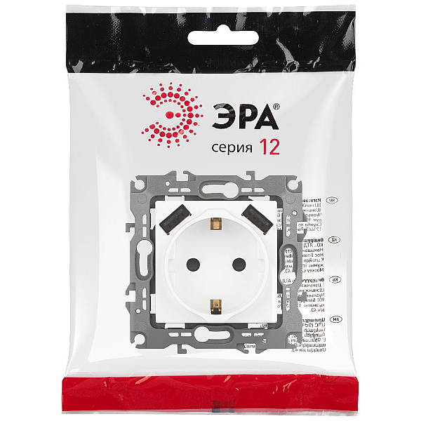 Розетка ЭРА Серия 12 12-4109-01М 2P+E 16A-250В штор. с 2xUSB 5В-3А белый матовый Б0065728