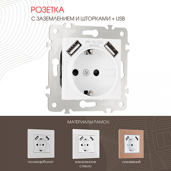 Розетка с заземлением, шторками + USB Arte Milano 203.47-1.white