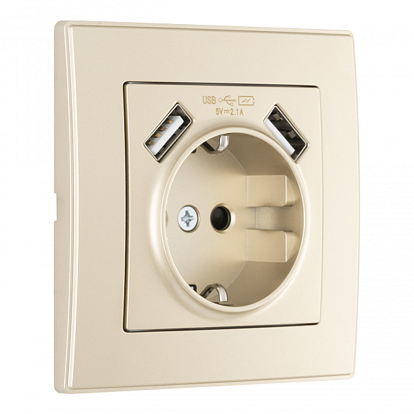 Комплект розетки с/з и шторками + USB и рамкой Arte Milano SET06-1-47-1 shampan
