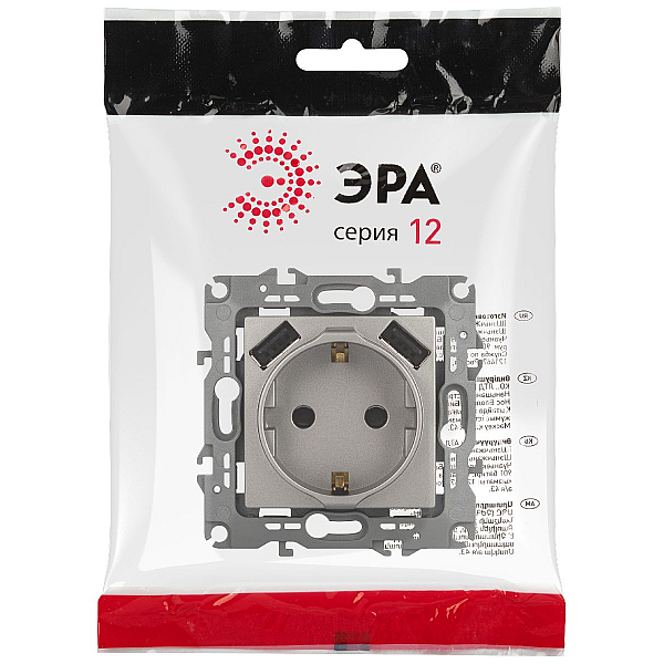 Розетка ЭРА Серия 12 12-4109-16 2P+E 16A-250В шторками с 2xUSB 5В-3А титан Б0065729