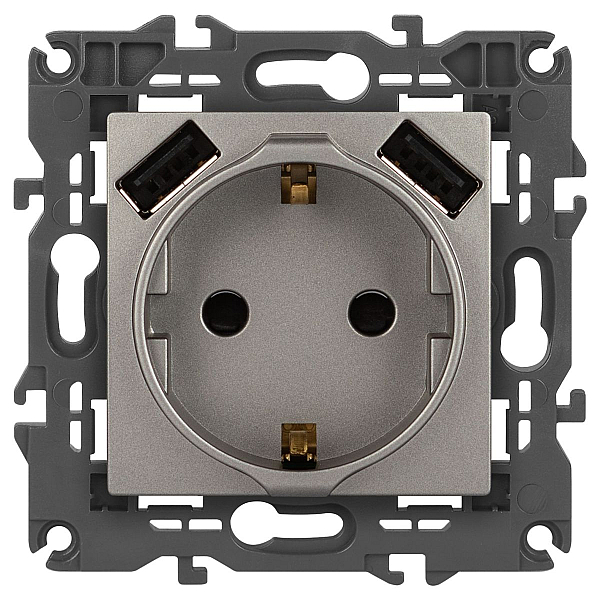 Розетка ЭРА Elegance 14-4109-16 2P+E 16A-250В штор. с 2xUSB 5В-3А титан Б0065775