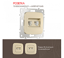 Розетка телефонная RJ11 + компьютерная RJ45 Arte Milano 205.44-1.shampan