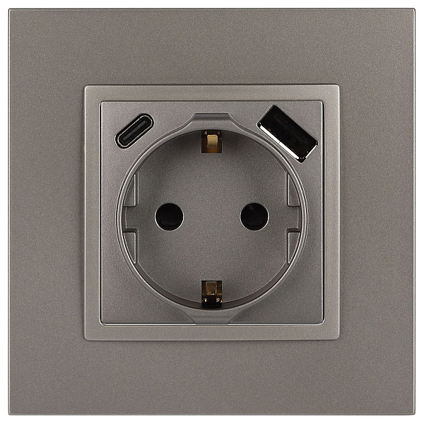 Розетка ЭРА Elegance 14-4108-16 2P+E 16A-250В со шторками с USB type-A+C 5В-3А титан Б0067695