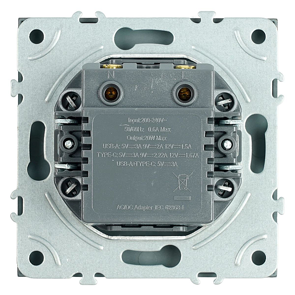 Розетка 2-местная USB + Type C (механизм), Stekker, 250В, 20W Эмили, RST10-5115-09, антрацит, soft touch 49931