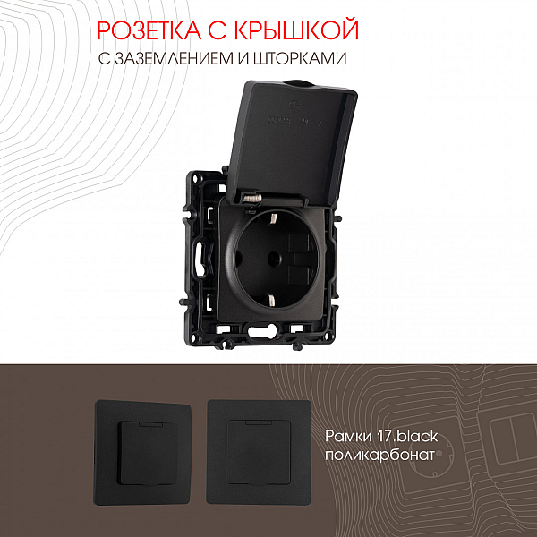 Розетка с заземлением, шторками и защитной крышкой Arte Milano 217.41-1.black