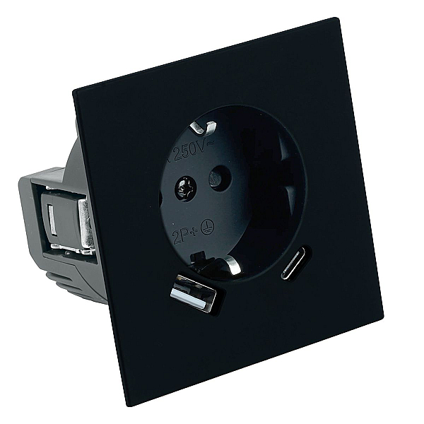 Розетка 1-местная з/ш с/з 16А + USB + Type C (механизм), Stekker, 250В, 20W Мия, RST16-3119-05, черный бархат 50452