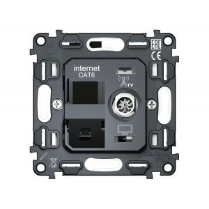 Механизм розетки компьютерной + TV оконечной RJ-45 (8P8C) CAT6/50-870 MHz 1dB с автоматической защитной шторкой QUANT Ambrella Volt VM195