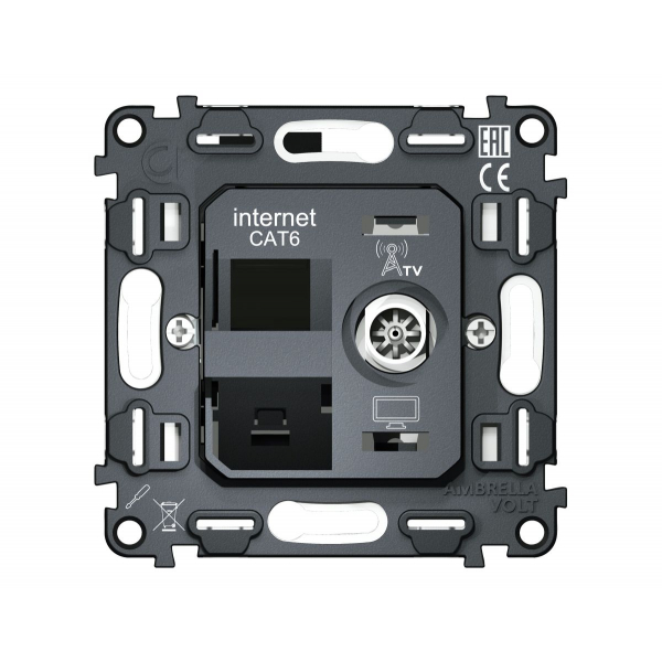 Механизм розетки компьютерной + TV оконечной RJ-45 (8P8C) CAT6/50-870 MHz 1dB с автоматической защитной шторкой QUANT Ambrella Volt VM195