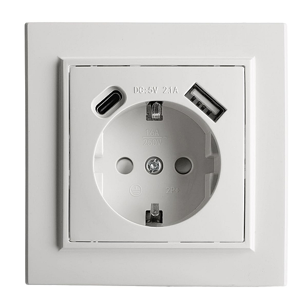 Розетка 1-местная Stekker, PST16-9016-01, 250В, 2.1А с USB+ type C Эрна, белый 50076