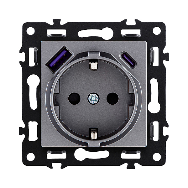 Розетка штепсельная SCHUKO 16A/250 В с USB A+C 20W, серый Kollinger Asthetik AS-016GY
