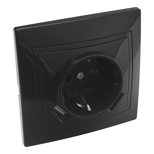 Розетка 2П+З с защ. шт. 16А 250В + USB порт Tape-A 2,1А 5В IP20, черная 'Дельта' General 477326