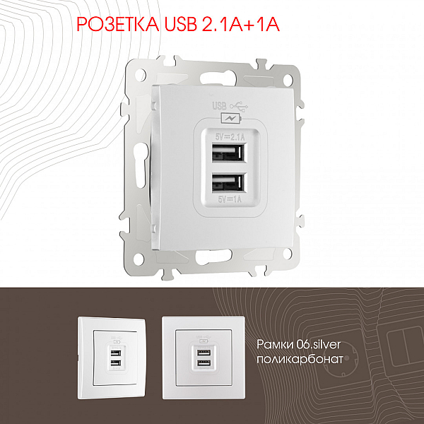 Розетка USB 2.1А+1А Arte Milano 206.46-1.silver
