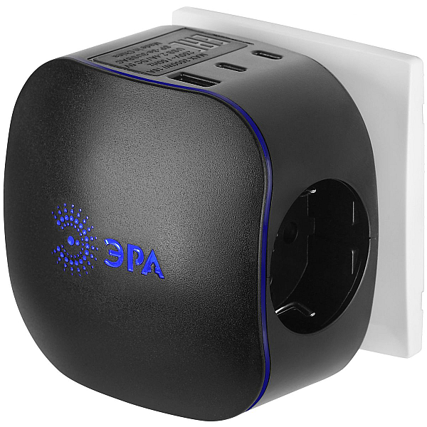 Разветвитель электрический ЭРА SP-3e-3USBAC-B на 3 розетки + 3 USB A+C с заземлением со шторками 16А черный Б0069082