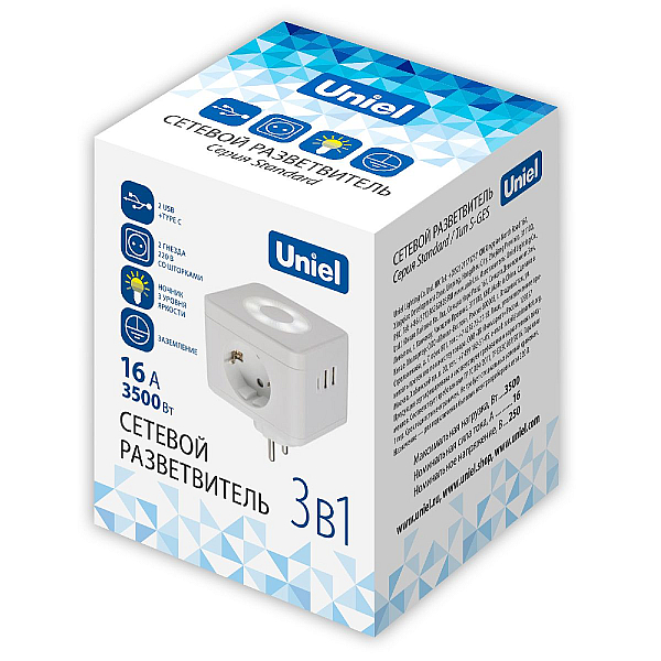 Разветвитель сетевой с выключателем Uniel S-GES2-16SBUC WHITE UL-00011245