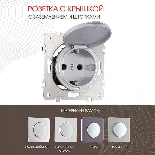 Розетка с заземлением, шторками и защитной крышкой Arte Milano 202.41-1.silver