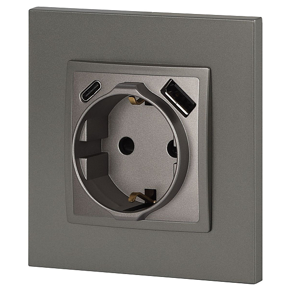 Розетка ЭРА Elegance 14-4108-16 2P+E 16A-250В со шторками с USB type-A+C 5В-3А титан Б0067695