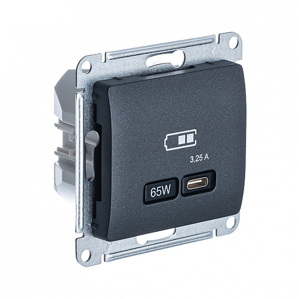 USB Розетка тип-C 65W высокоскор.заряд. QC, PD, мех. Systeme Electric Glossa Антрацит GSL000727