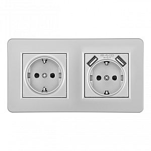 Розетка двойная (двухпостовая) с/з и шторками + USB Arte Milano SET16-2-47-1-40-1 silver