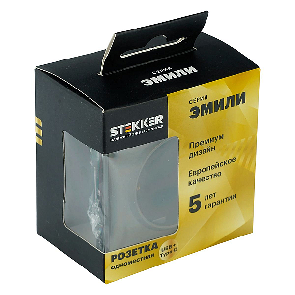Розетка 1-местная з/ш с/з 16А + USB + Type C (механизм), Stekker, 250В, 20W Эмили, RST16-5119-09, антрацит, soft touch 50361