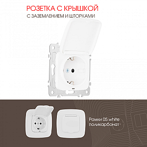Розетка с заземлением, шторками и защитной крышкой Arte Milano 205.41-1.white