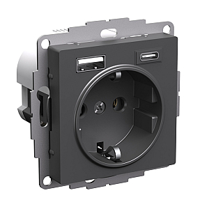Розетка 16А с 2 USB A+C, 5В/2,4А/3,0А, 2х5В/1,5А, Systeme Electric AtlasDesign Базальт ATN001432