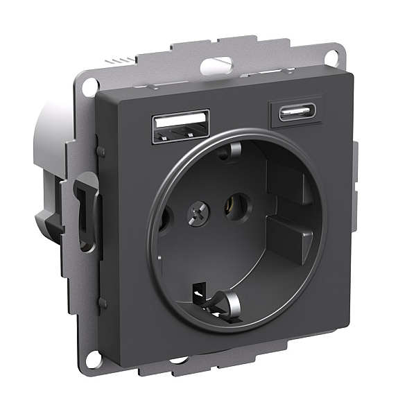 Розетка 16А с 2 USB A+C, 5В/2,4А/3,0А, 2х5В/1,5А, Systeme Electric AtlasDesign Базальт ATN001432