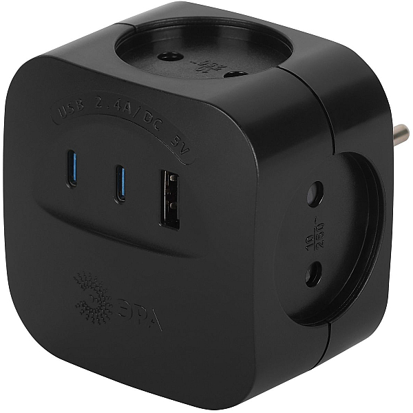 Разветвитель электрический ЭРА SP-4-3USBAC-B на 4 розетки + 3 USB A+C со шторками 10А черный Б0069084