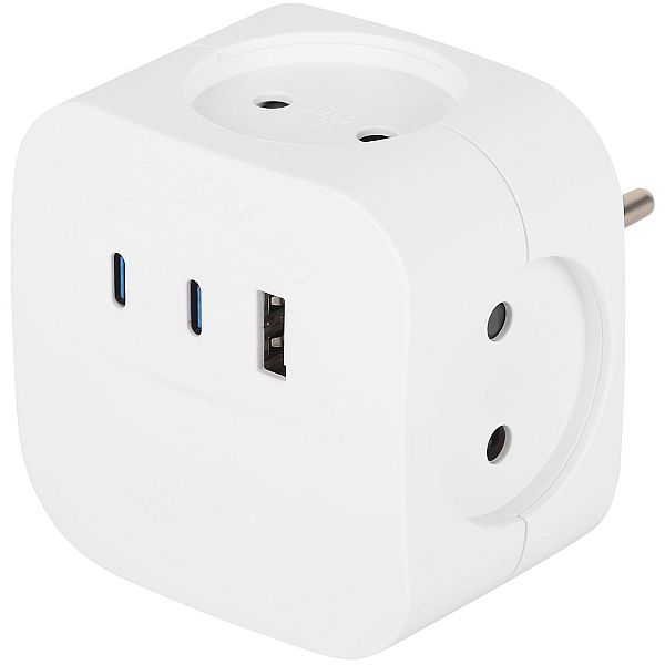 Разветвитель электрический ЭРА SP-4-3USBAC-W на 4 розетки + 3 USB A+C со шторками 10А белый Б0069083
