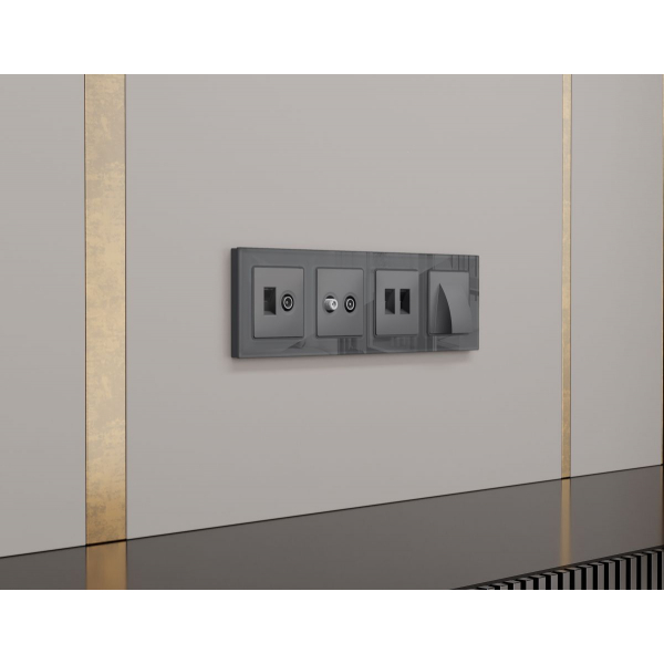 Комплект механизма компьютерной двойной розетки RJ-45 Ambrella Volt MA662110 (8P8C) CAT6 с автоматической защитной шторкой Alfa Антрацит серый Quant