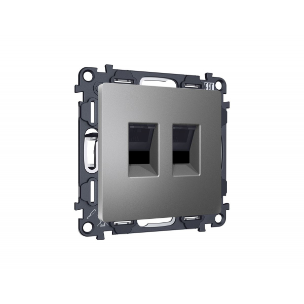 Комплект механизма компьютерной двойной розетки RJ-45 Ambrella Volt MA662110 (8P8C) CAT6 с автоматической защитной шторкой Alfa Антрацит серый Quant