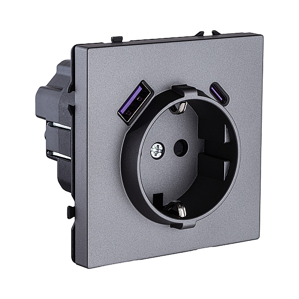 Розетка штепсельная SCHUKO 16A/250 В с USB A+C 20W, серый Kollinger Eclipse EC-016GY