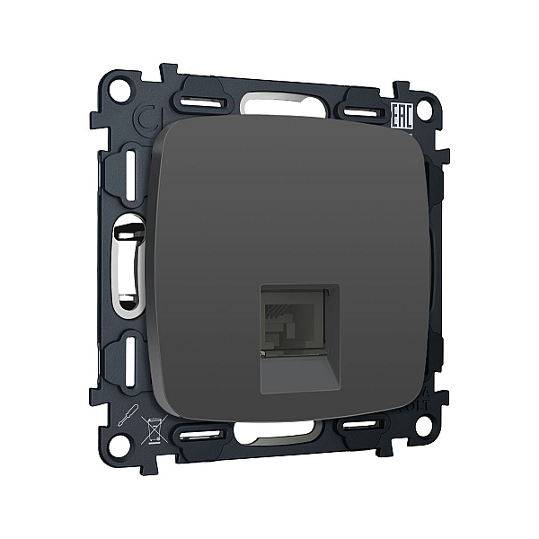 Комплект механизма компьютерной розетки Ambrella Volt RJ-45 (8P8C) CAT6A экранированной с автоматической защитной шторкой OMEGA MO912005 Графит soft touch QUANT (OP9120, VM185)