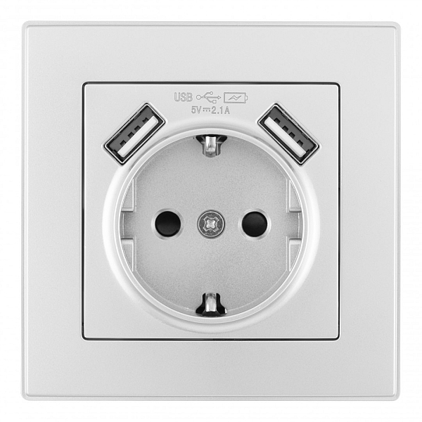 Комплект розетки с/з и шторками + USB и рамкой Arte Milano SET06-1-47-1 silver