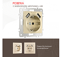 Розетка с заземлением, шторками + 2 USB Arte Milano 206.47-1.shampan